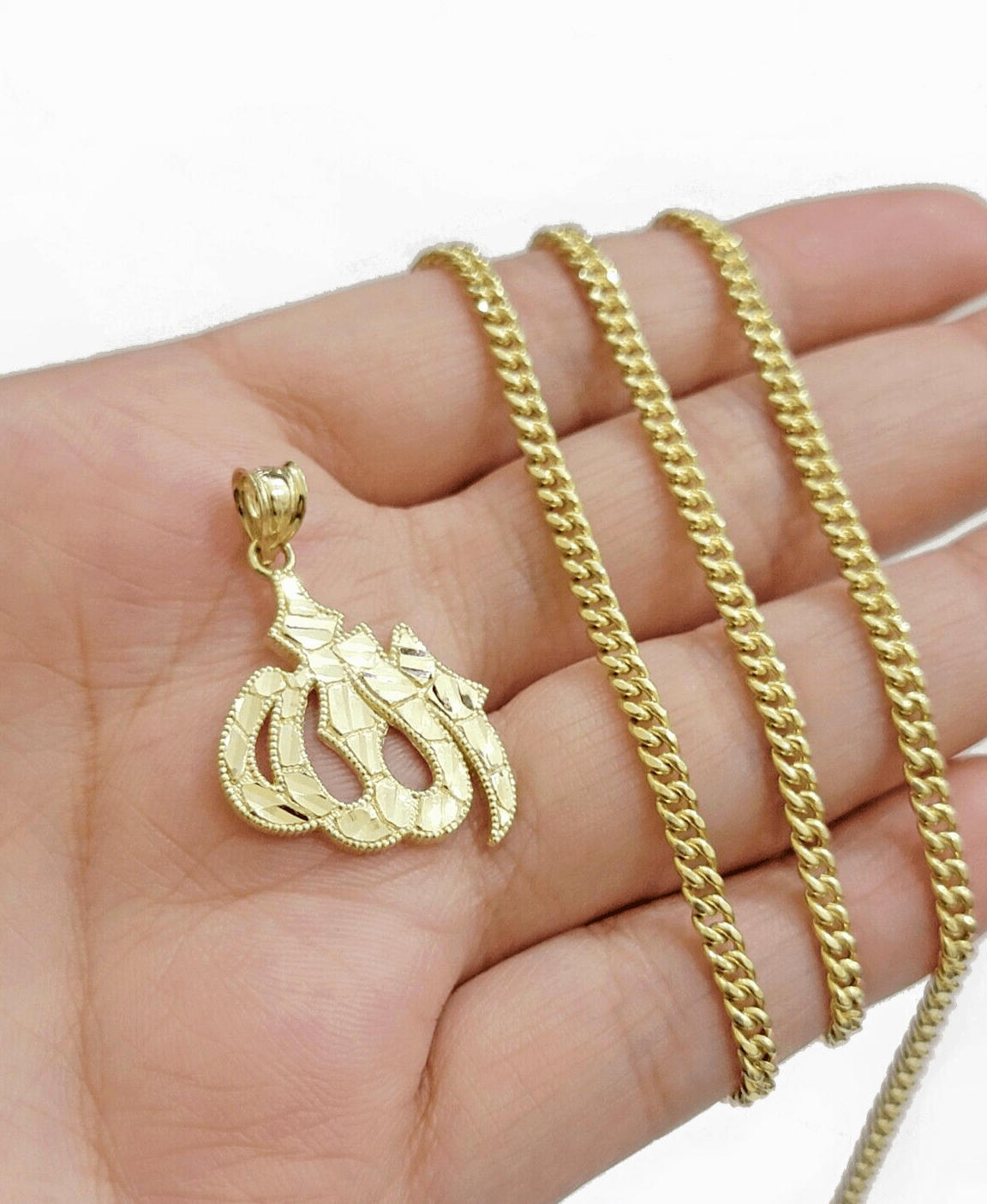 10k Yellow Gold Allah Charm Miami Cuban Chain 18 Inch Necklace 10kt Pendant Real - Reva Jeweler