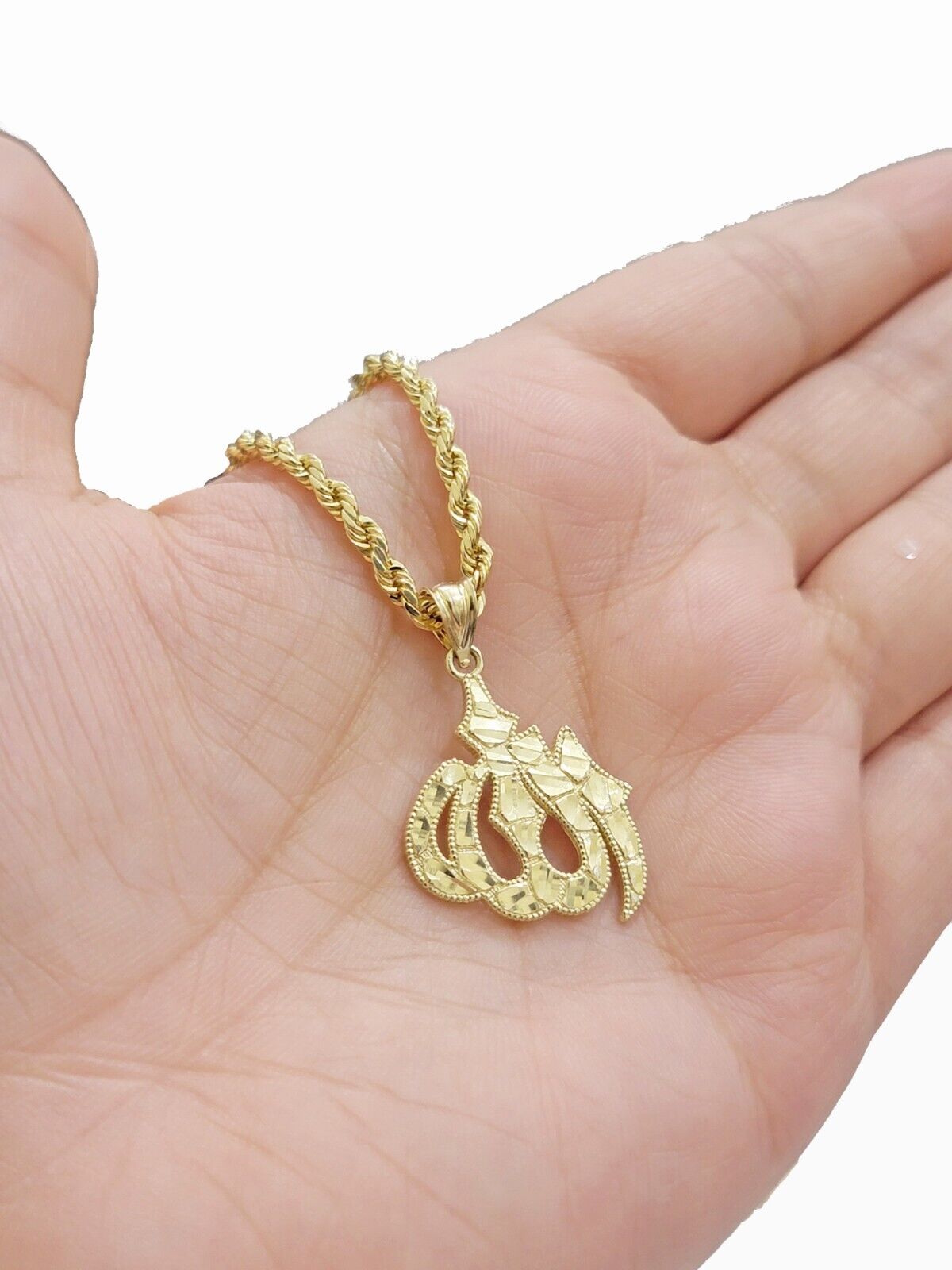 10k Yellow Gold Allah Charm Rope Chain 22 Inch Necklace 10kt Pendant Real SALE - Reva Jeweler