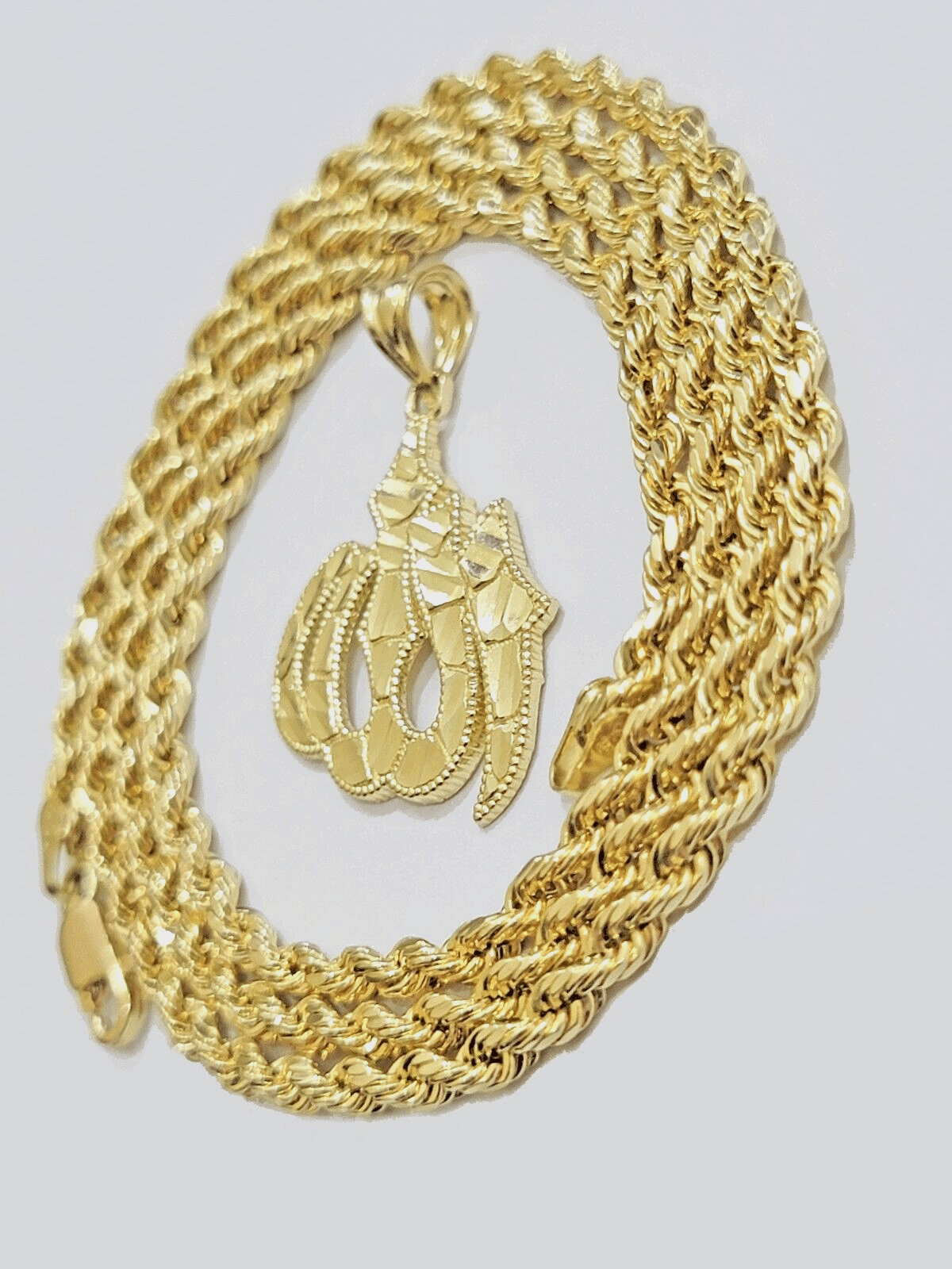 10k Yellow Gold Allah Charm Rope Chain 22 Inch Necklace 10kt Pendant Real SALE - Reva Jeweler
