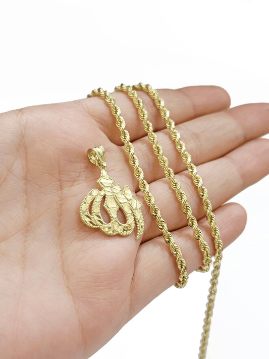 10k Yellow Gold Allah Charm Rope Chain 22 Inch Necklace 10kt Pendant Real SALE - Reva Jeweler