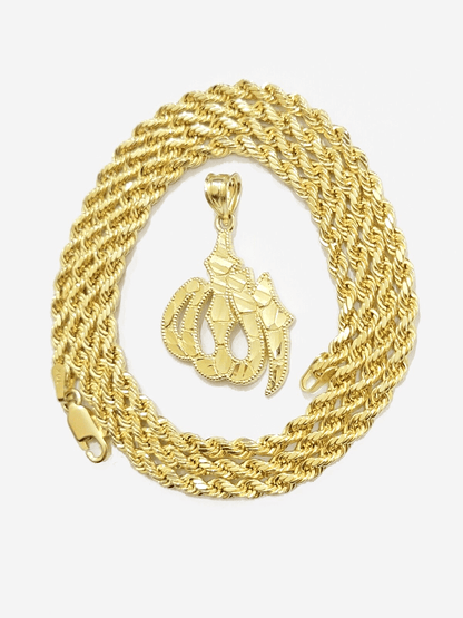 10k Yellow Gold Allah Charm Rope Chain 22 Inch Necklace 10kt Pendant Real SALE - Reva Jeweler