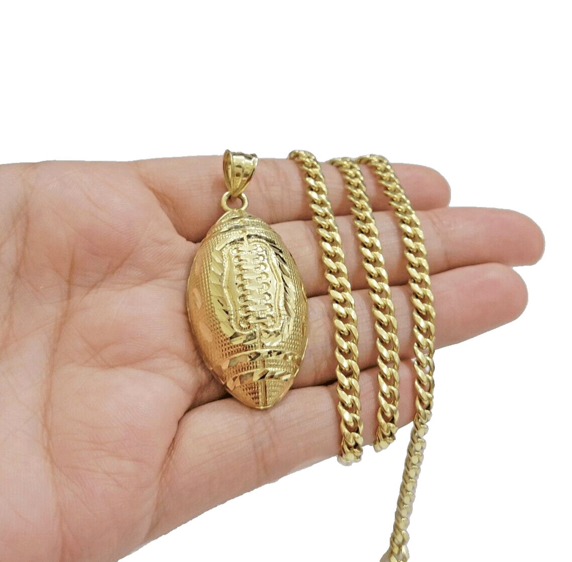 10k Yellow Gold American Football Charm Miami Cuban Chain 4mm 18 Inch Necklace - Reva Jeweler