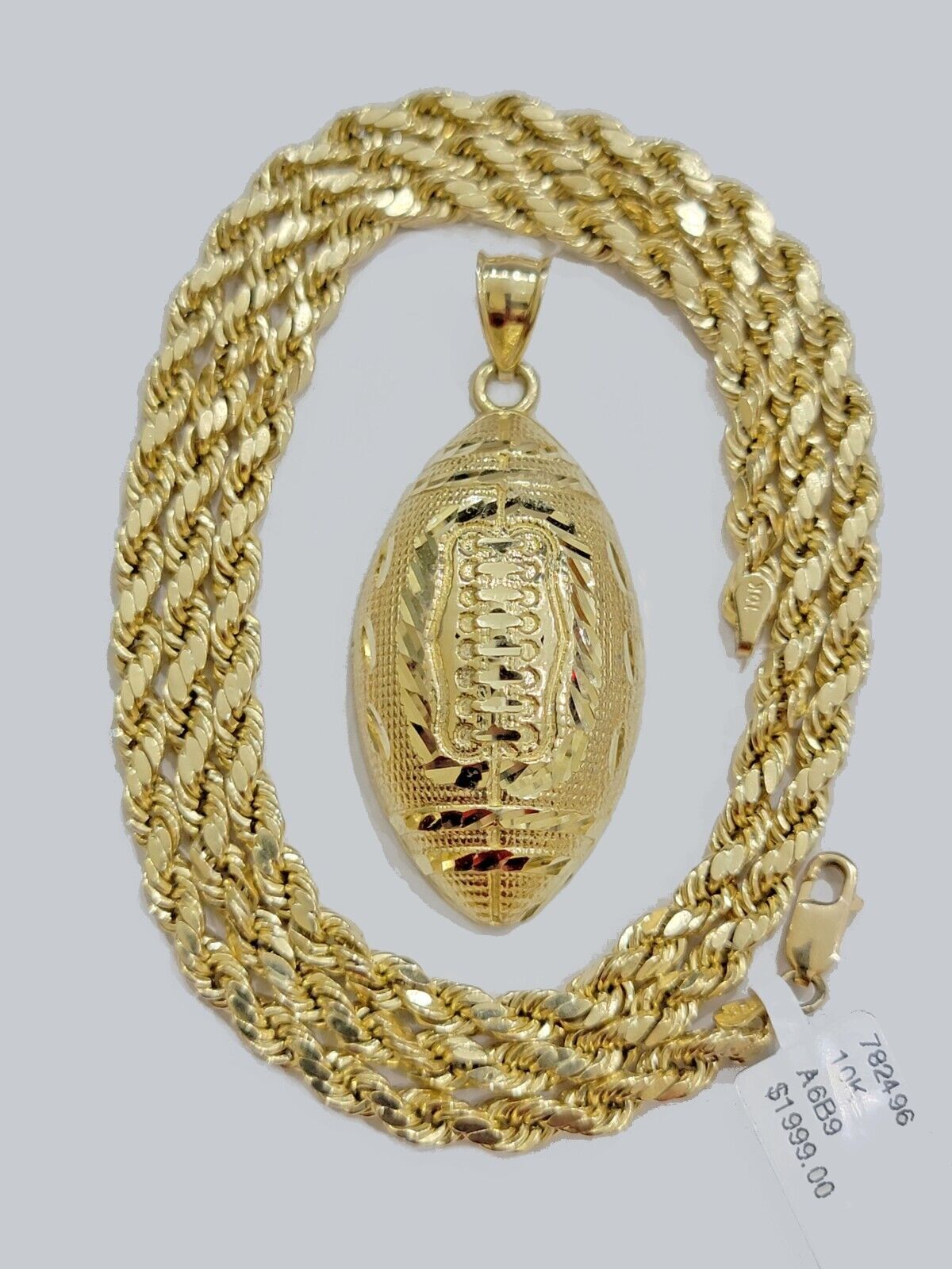 10k Yellow Gold American Football Charm Rope Chain 4mm 22 Inch Necklace Pendant - Reva Jeweler