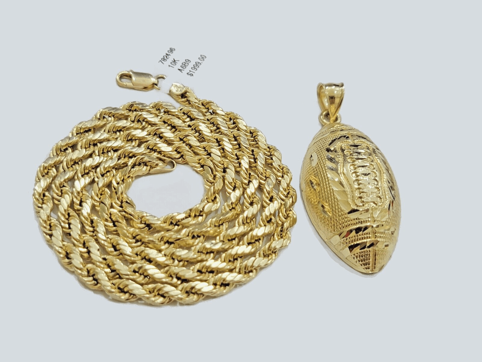 10k Yellow Gold American Football Charm Rope Chain 4mm 22 Inch Necklace Pendant - Reva Jeweler