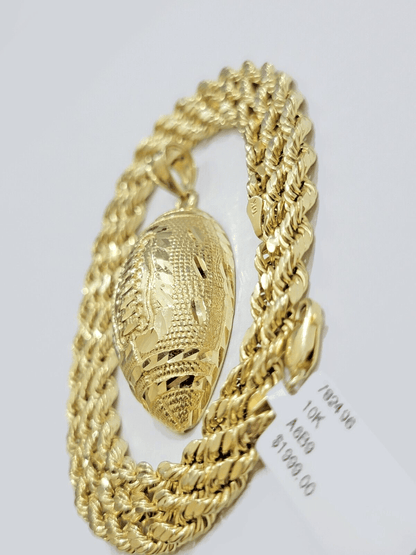 10k Yellow Gold American Football Charm Rope Chain 4mm 22 Inch Necklace Pendant - Reva Jeweler