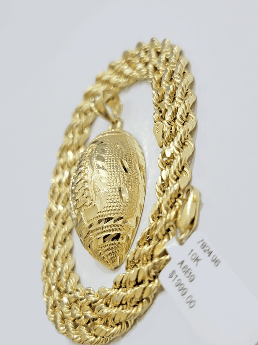 10k Yellow Gold American Football Charm Rope Chain 4mm 22 Inch Necklace Pendant - Reva Jeweler