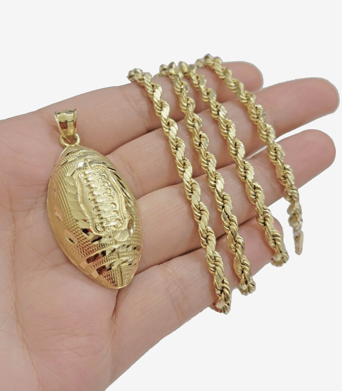 10k Yellow Gold American Football Charm Rope Chain 4mm 22 Inch Necklace Pendant - Reva Jeweler