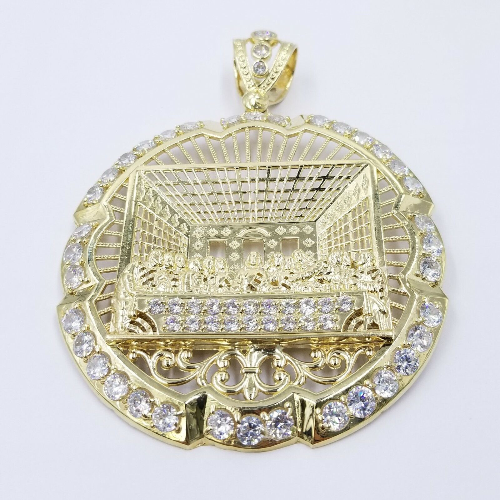 10k Yellow Gold Apostles Last Supper Round Pendant Diamond Cut Men 3.75" 75mm - Reva Jeweler