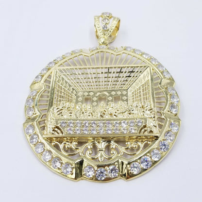 10k Yellow Gold Apostles Last Supper Round Pendant Diamond Cut Men 3.75" 75mm - Reva Jeweler