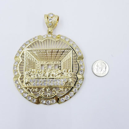 10k Yellow Gold Apostles Last Supper Round Pendant Diamond Cut Men 3.75" 75mm - Reva Jeweler