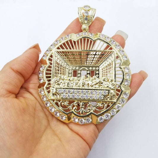 10k Yellow Gold Apostles Last Supper Round Pendant Diamond Cut Men 3.75" 75mm - Reva Jeweler