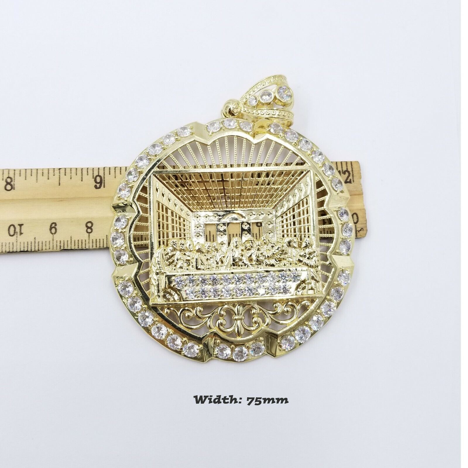 10k Yellow Gold Apostles Last Supper Round Pendant Diamond Cut Men 3.75" 75mm - Reva Jeweler