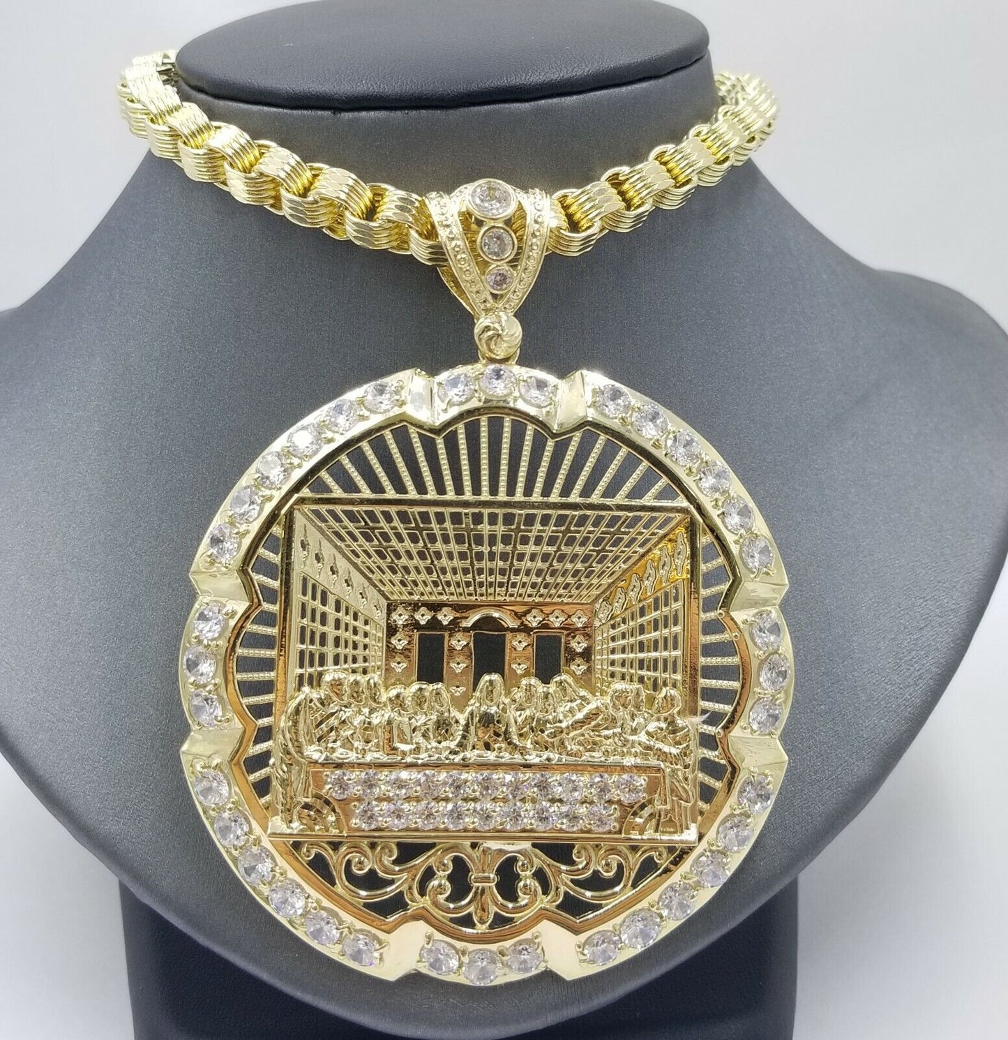10k Yellow Gold Apostles Last Supper Round Pendant Diamond Cut Men 3.75" 75mm - Reva Jeweler
