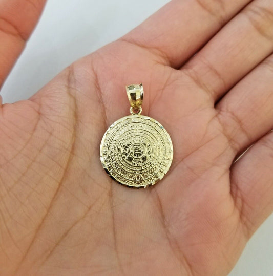 10k Yellow Gold Aztec Calendar Charm Pendant Men Women 10kt Real Gold - Reva Jeweler