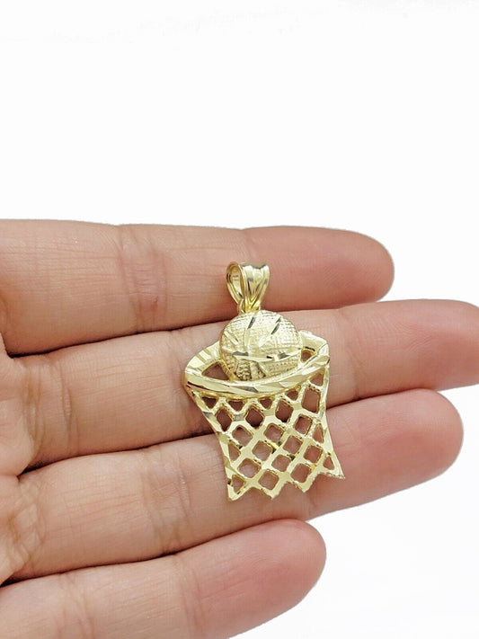 10k Yellow Gold Basketball Net Charm Pendant 1'' Inch Diamond Cut SALE Real 10kt - Reva Jeweler