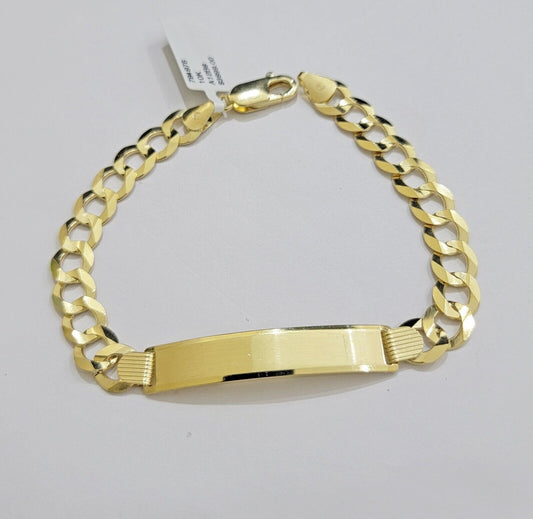10k Yellow Gold Bracelet ID Cuban Curb Link 9.5mm 8.5 Inch Name Plate SOLID REAL - Reva Jeweler