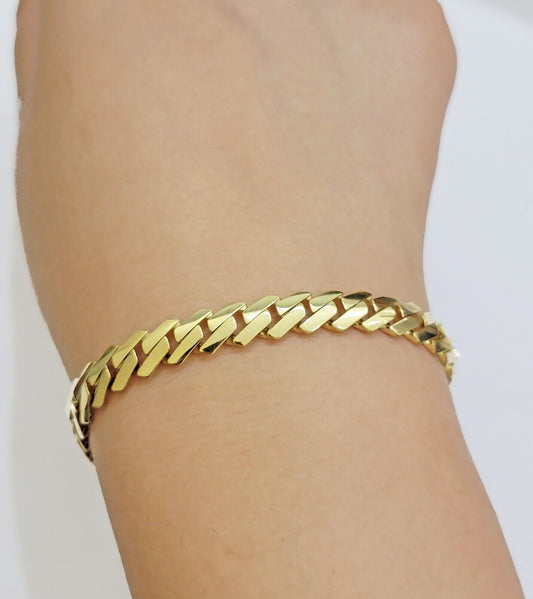 10k Yellow Gold Bracelet Ladies 7.25 Inch Royal Monaco Cuban Link 7mm For Women - Reva Jeweler