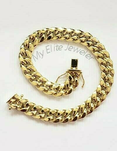 10k Yellow Gold Bracelet Men's cuban Link 7.5" 9mm Thick Box clasp Strong Link - Reva Jeweler