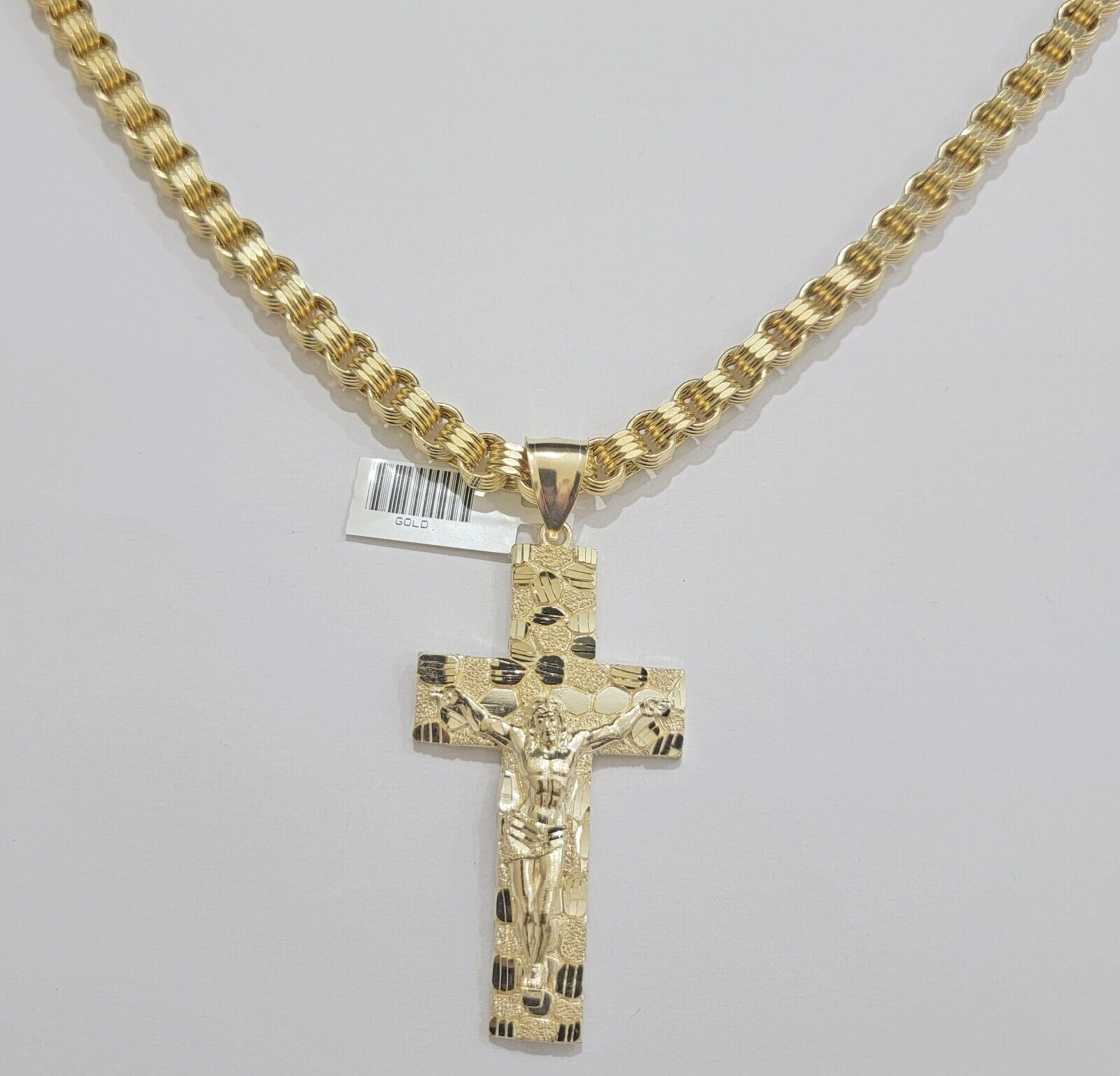 10k Yellow Gold Byzantine Chain Pendant Set REAL 10K 4mm Necklace Charm For Mens - Reva Jeweler