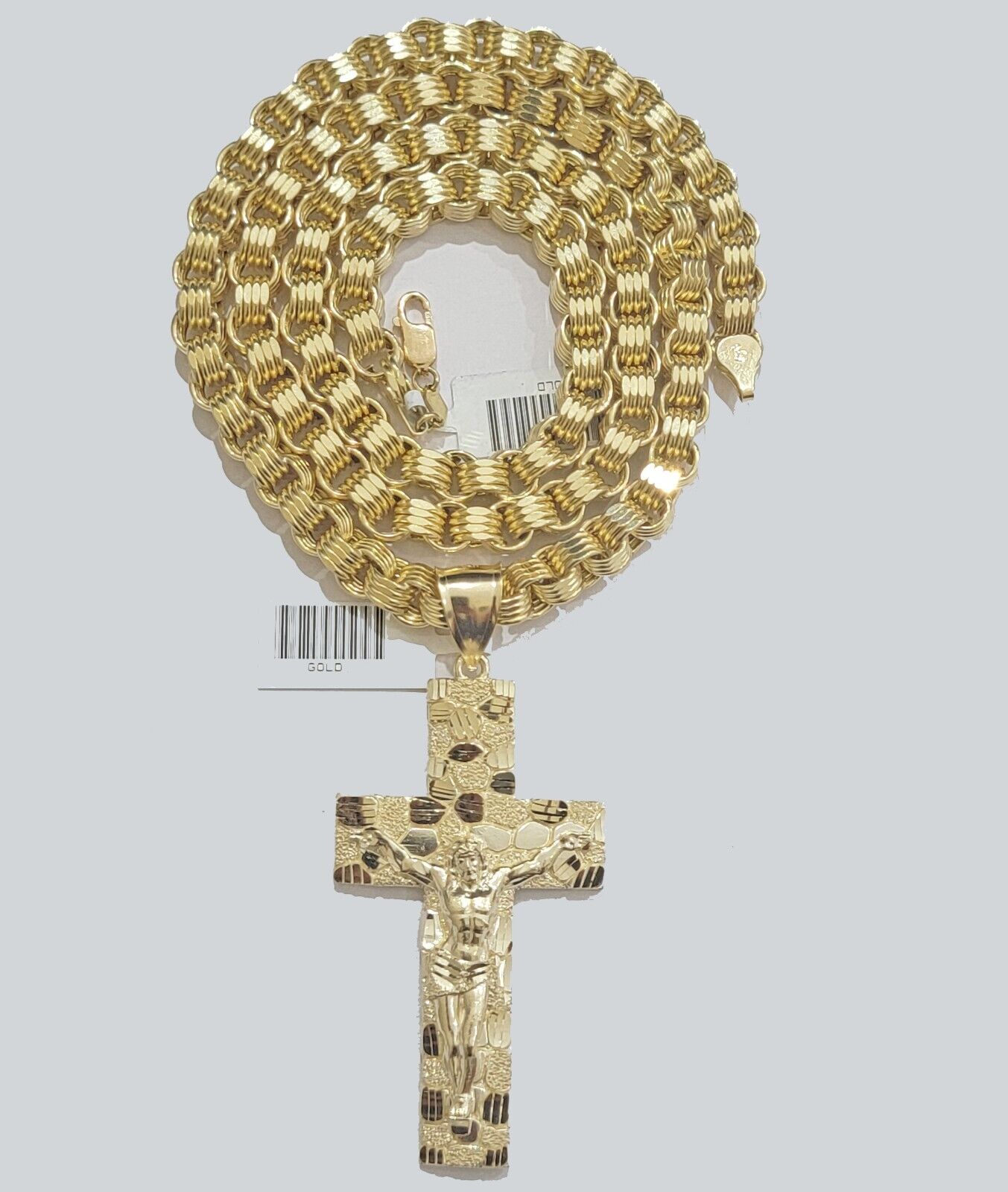 10k Yellow Gold Byzantine Chain Pendant Set REAL 10K 4mm Necklace Charm For Mens - Reva Jeweler