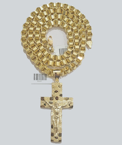 10k Yellow Gold Byzantine Chain Pendant Set REAL 10K 4mm Necklace Charm For Mens - Reva Jeweler