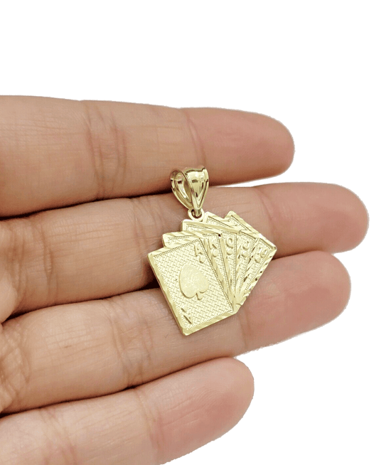 10k Yellow Gold Card Charm Royal Flush Pendant 1'' Necklace Chain SALE 10kt Real - Reva Jeweler