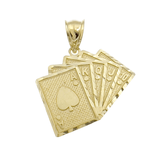 10k Yellow Gold Card Charm Royal Flush Pendant 1'' Necklace Chain SALE 10kt Real - Reva Jeweler