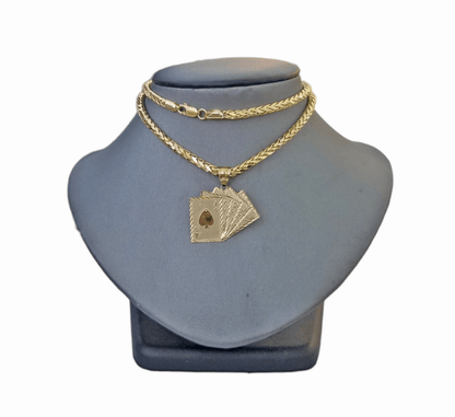10k Yellow Gold Card Game Pendent 4mm Palm Chain 22" Inch Necklace - Reva Jeweler