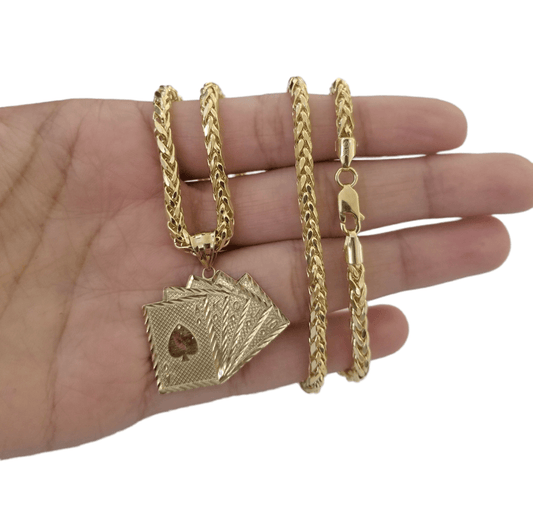 10k Yellow Gold Card Game Pendent 4mm Palm Chain 22" Inch Necklace - Reva Jeweler