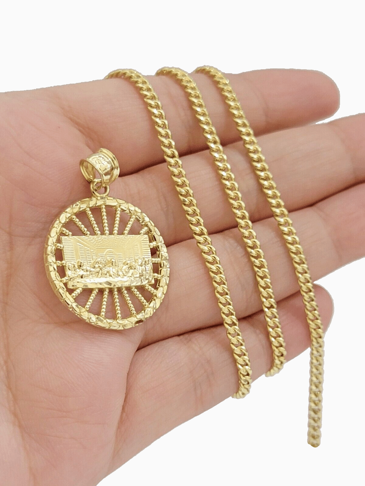 10k Yellow Gold chain Charm Pendant set Miami Cuban 4mm 20 Inch & Last supper - Reva Jeweler