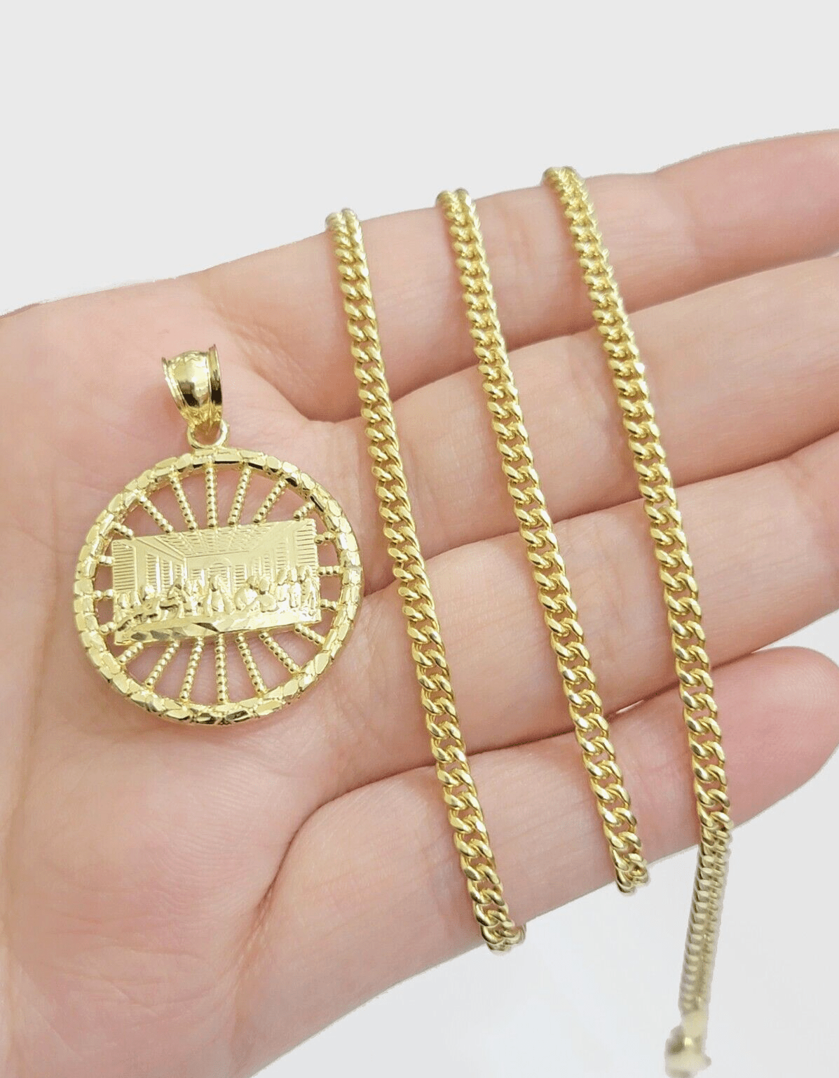 10k Yellow Gold chain Charm Pendant set Miami Cuban 4mm 24 Inch & Last supper - Reva Jeweler