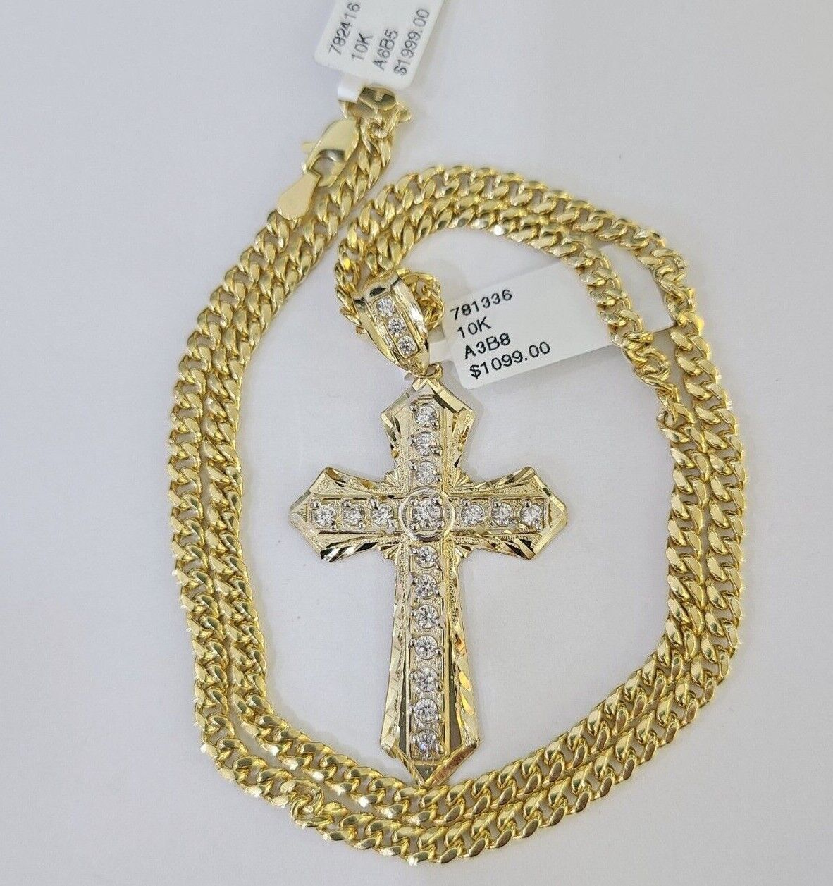 10k Yellow Gold Chain Cross Charm Pendant Set Miami Cuban Link Necklace DISCOUNT - Reva Jeweler