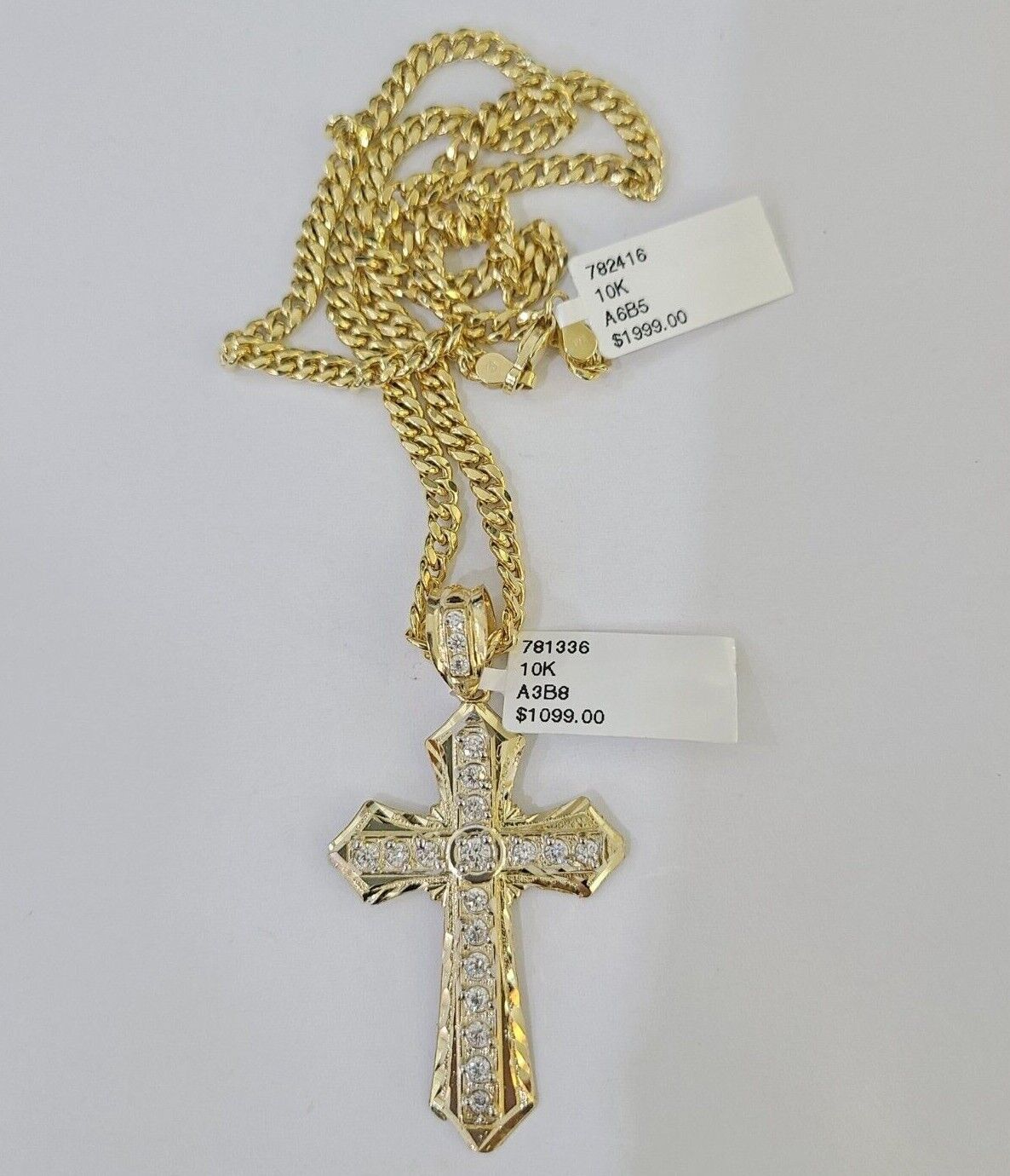 10k Yellow Gold Chain Cross Charm Pendant Set Miami Cuban Link Necklace DISCOUNT - Reva Jeweler