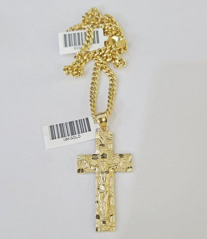 10k Yellow Gold Chain Cross Charm Set Miami Cuban Link Necklace Pendant DISCOUNT - Reva Jeweler