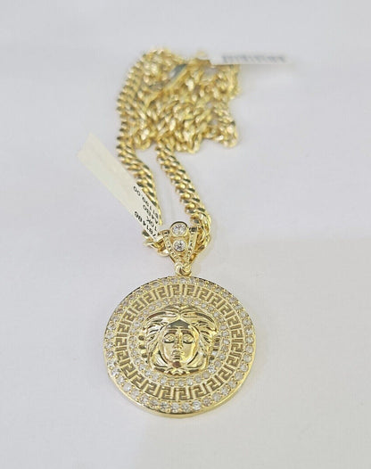 10k Yellow Gold Chain Head Charm Pendant Set 5mm Miami Cuban Link Necklace Real - GoldenlinQ