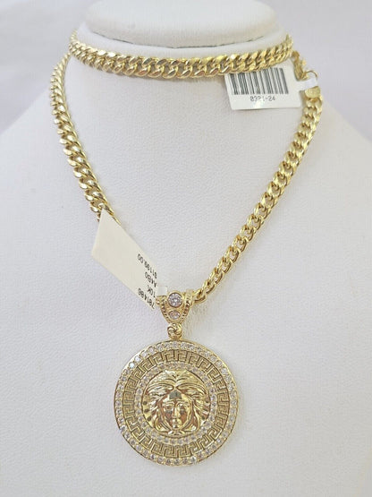 10k Yellow Gold Chain Head Charm Pendant Set 5mm Miami Cuban Link Necklace Real - GoldenlinQ