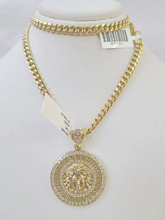 10k Yellow Gold Chain Head Charm Pendant Set 5mm Miami Cuban Link Necklace Real - GoldenlinQ