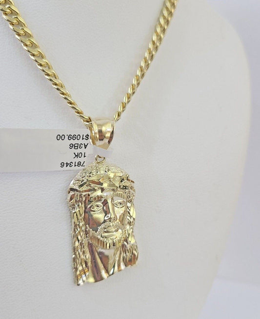 10k Yellow Gold Chain Jesus Head Charm Pendant Set 5mm Miami Cuban Link Necklace - GoldenlinQ