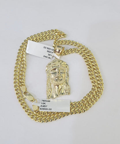 10k Yellow Gold Chain Jesus Head Charm Pendant Set 5mm Miami Cuban Link Necklace - GoldenlinQ