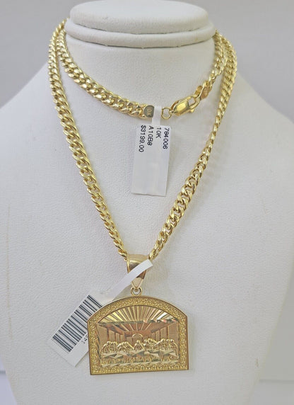 10k Yellow Gold Chain Last Supper Charm Pendant Set 5mm Miami Cuban Necklace - GoldenlinQ