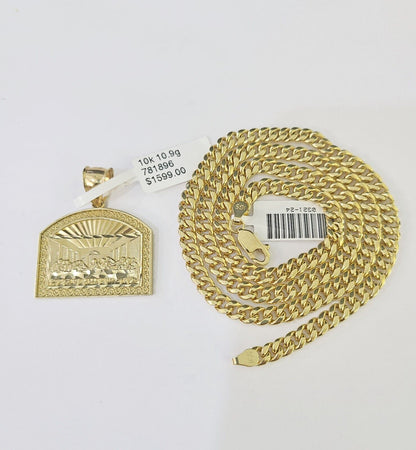 10k Yellow Gold Chain Last Supper Charm Pendant Set 5mm Miami Cuban Necklace - GoldenlinQ