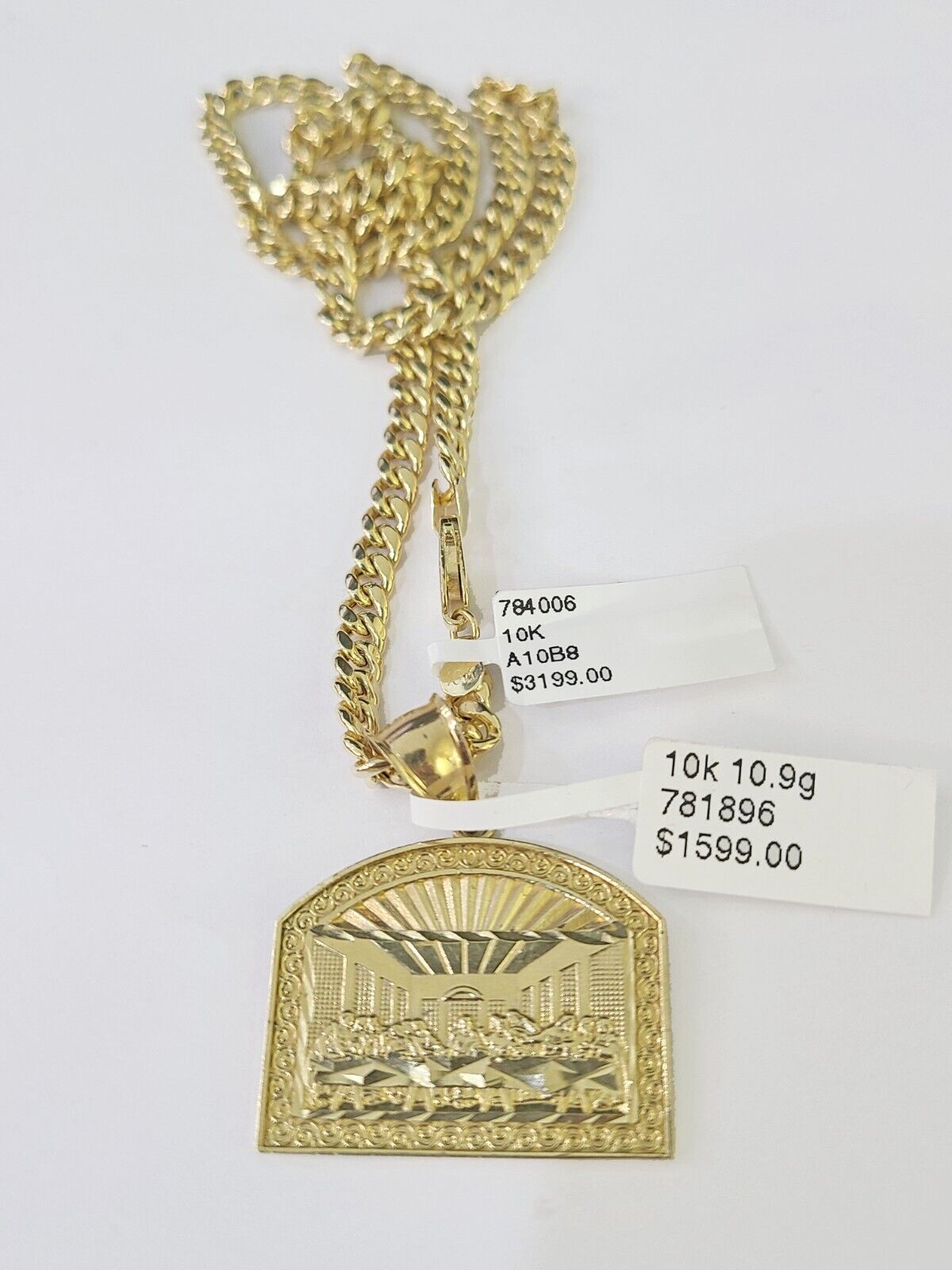 10k Yellow Gold Chain Last Supper Charm Pendant Set 5mm Miami Cuban Necklace - GoldenlinQ