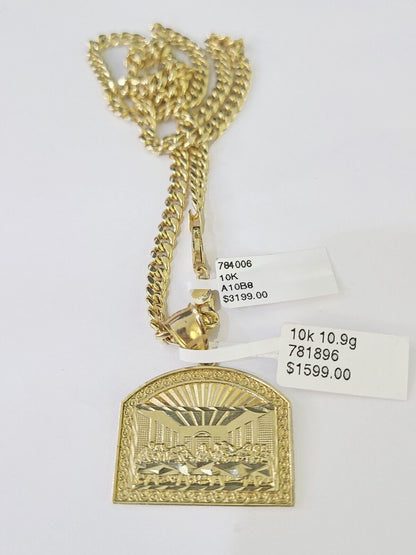 10k Yellow Gold Chain Last Supper Charm Pendant Set 5mm Miami Cuban Necklace - GoldenlinQ