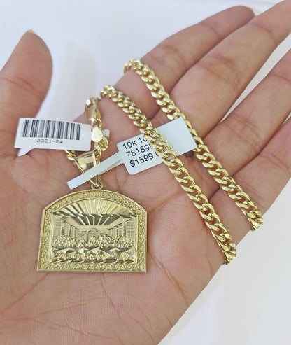 10k Yellow Gold Chain Last Supper Charm Pendant Set 5mm Miami Cuban Necklace - GoldenlinQ
