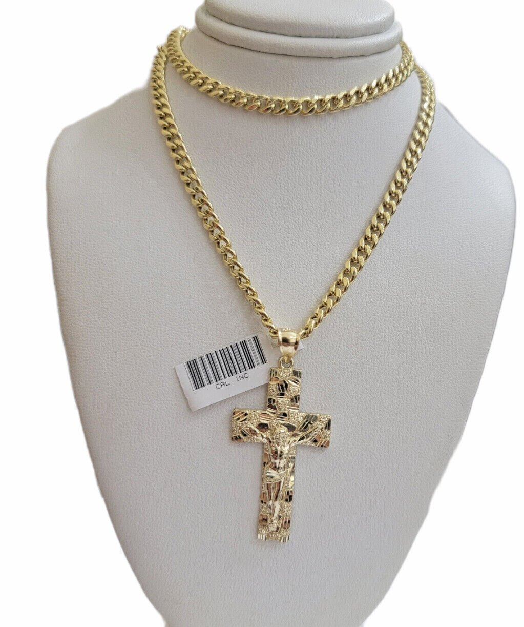 10k Yellow Gold Chain Nugget Pendant Set Miami Cuban link Necklace 5mm 18" - 28" - Reva Jeweler