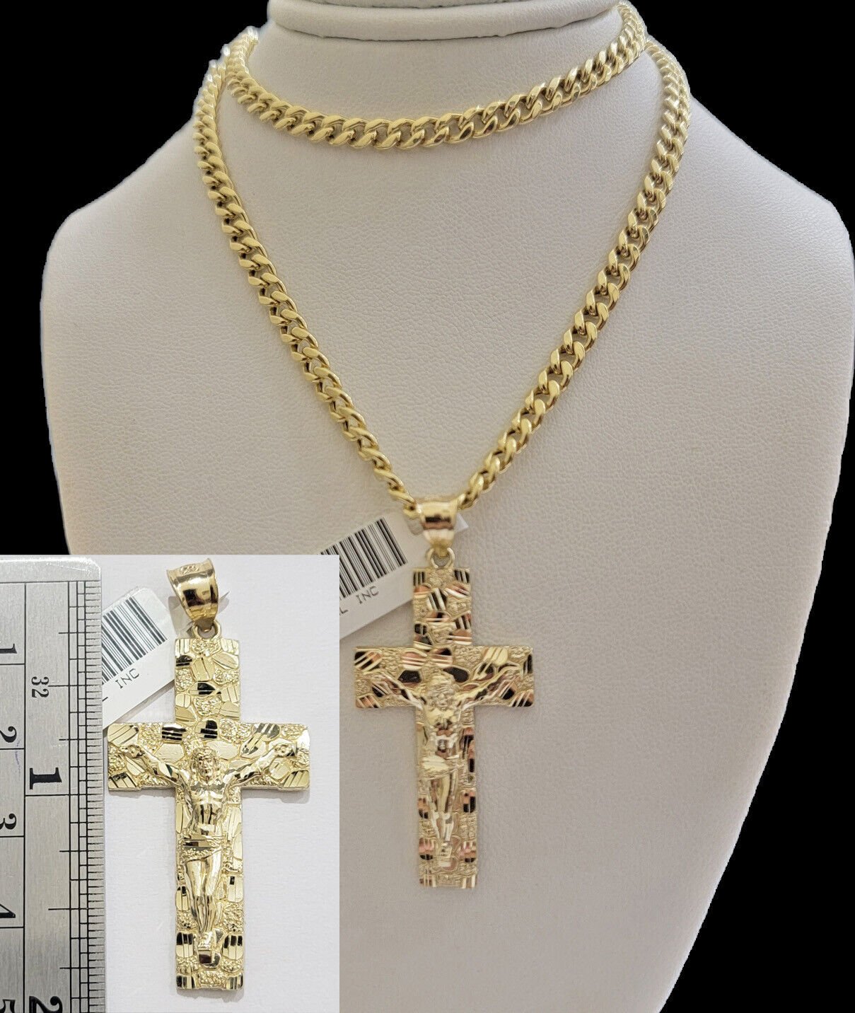 10k Yellow Gold Chain Nugget Pendant Set Miami Cuban link Necklace 5mm 18" - 28" - Reva Jeweler