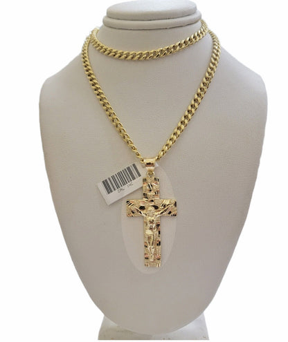 10k Yellow Gold Chain Nugget Pendant Set Miami Cuban link Necklace 5mm 18" - 28" - Reva Jeweler