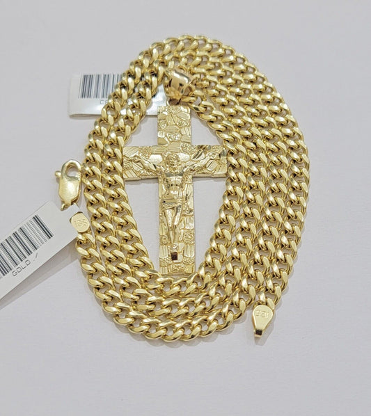 10k Yellow Gold Chain Nugget Pendant Set Miami Cuban link Necklace 5mm 18" - 28" - Reva Jeweler