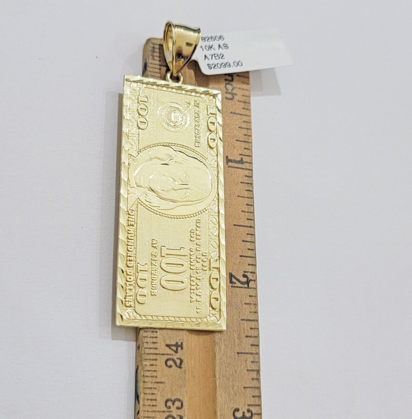 10k Yellow Gold Charm Pendant 100 Dollar Bill Mens REAL 10KT With FREE SHIPPING - Reva Jeweler