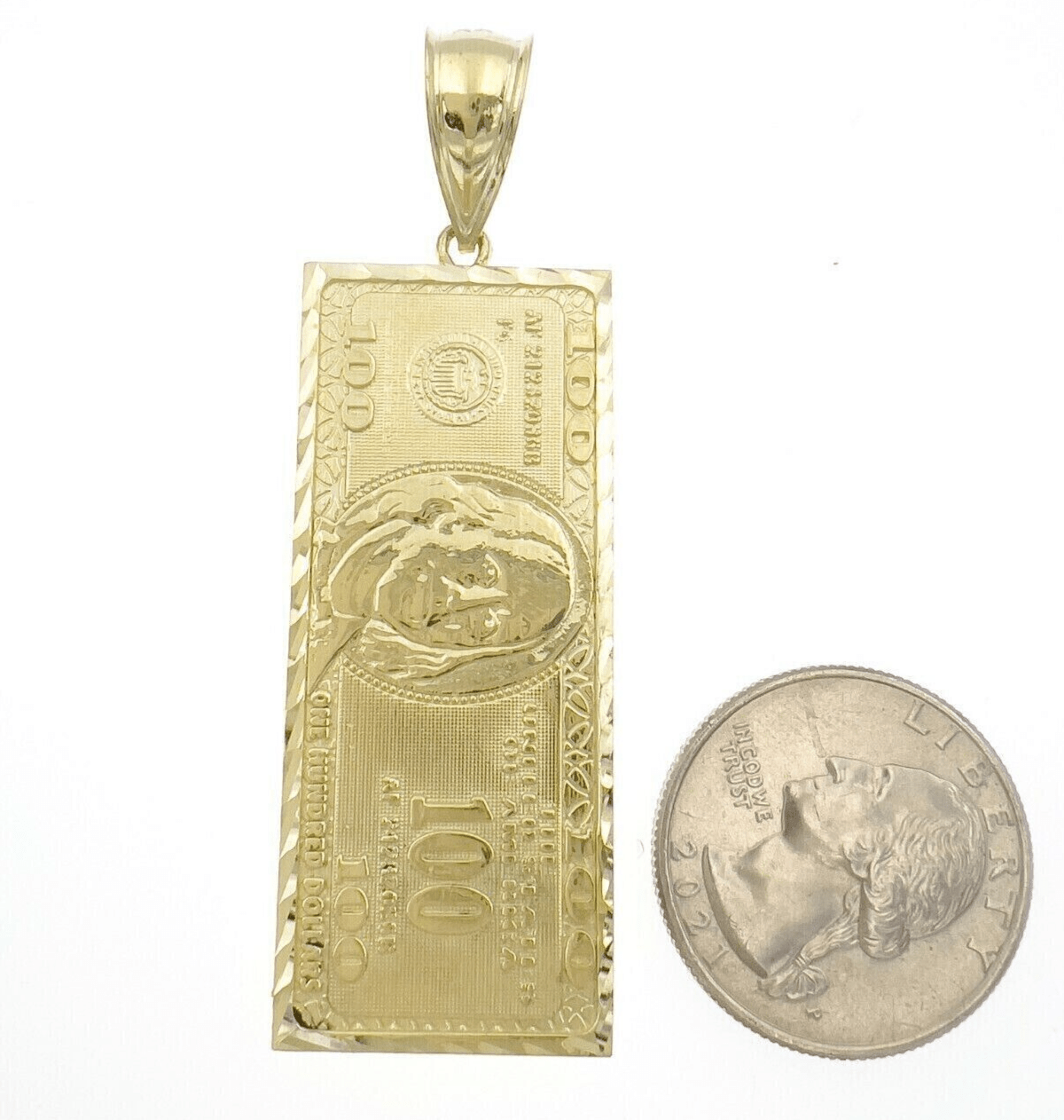 10k Yellow Gold Charm Pendant 100 Dollar Bill Mens REAL 10KT With FREE SHIPPING - Reva Jeweler